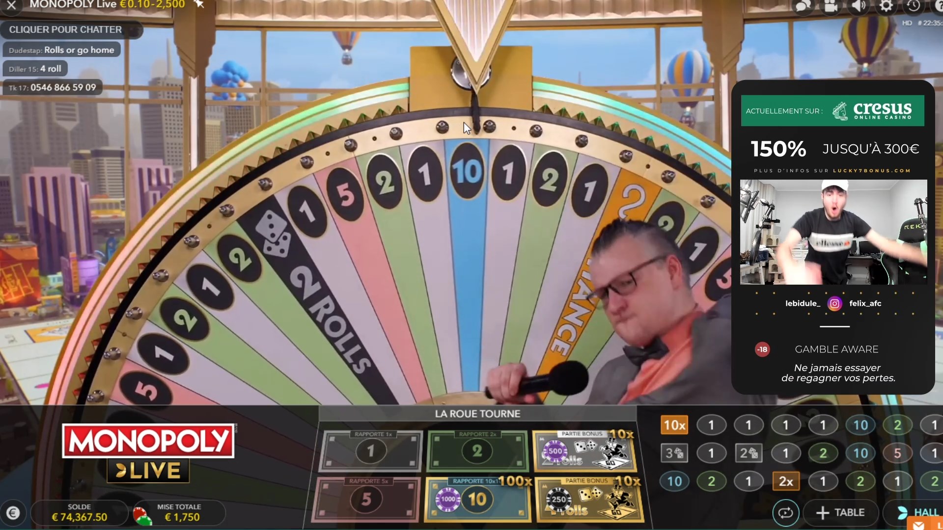 Bidule gagne 100 000€ au Monopoly Live